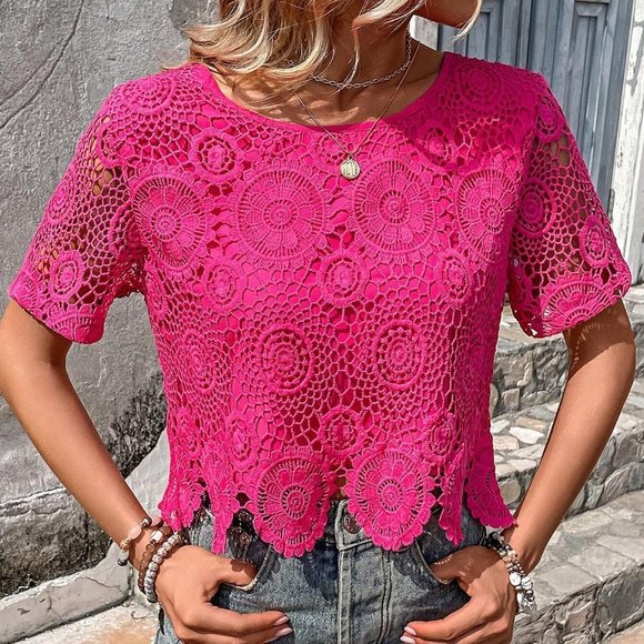 Pink Womens Hollow Out Scallop Trim Guipure Lace Blouse - Picture 5 of 6